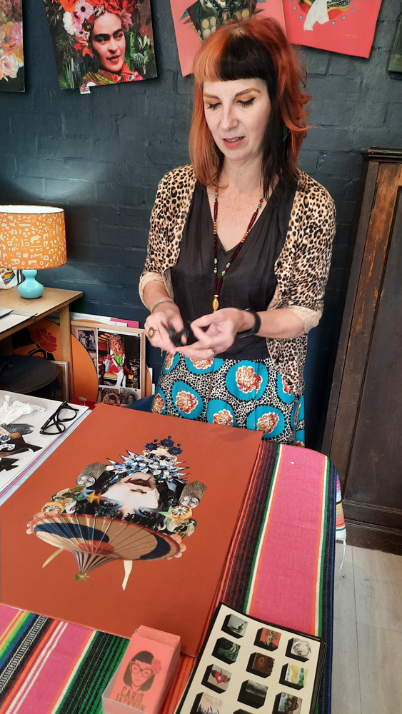 Caris Jackson working on a collage in her studio