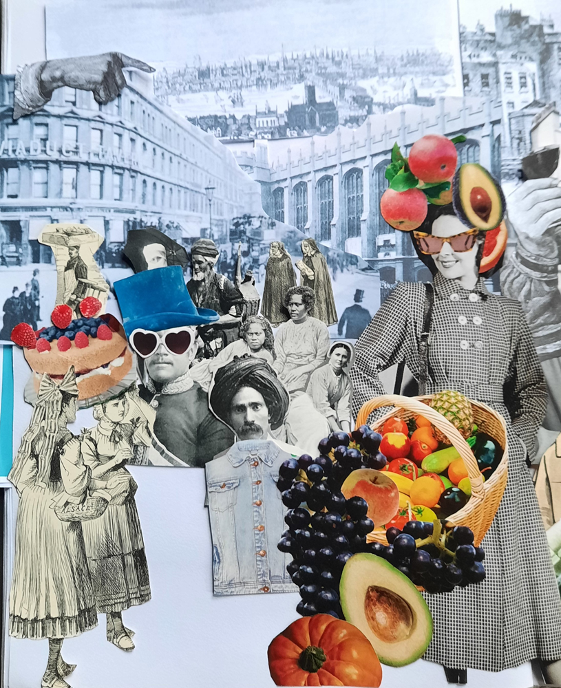 Collage of people with vintage clothing and modern fruit and vegetable props against a cityscape background.