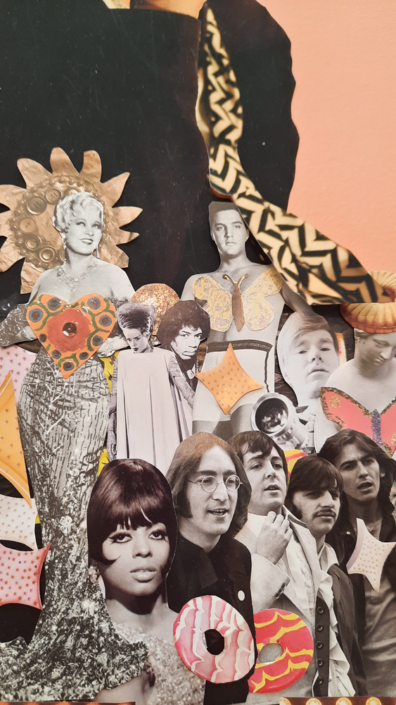 Collage of vintage-style portraits with decorative elements on a pink background