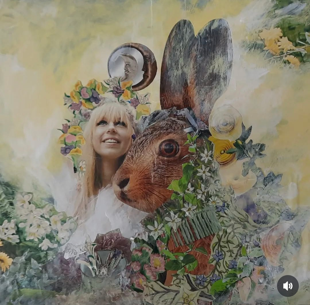Collage of a woman and a hare's head surrounded by flowers and nature elements