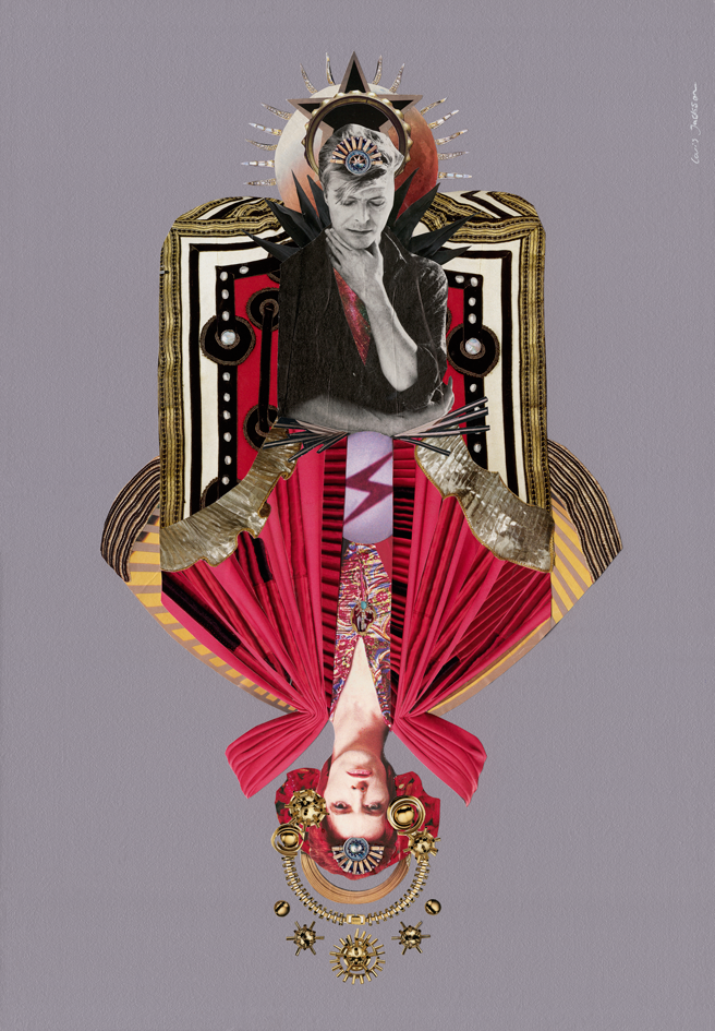 Artistic depiction of David Bowie in elaborate clothing with red fabric and gold accents on a gray background