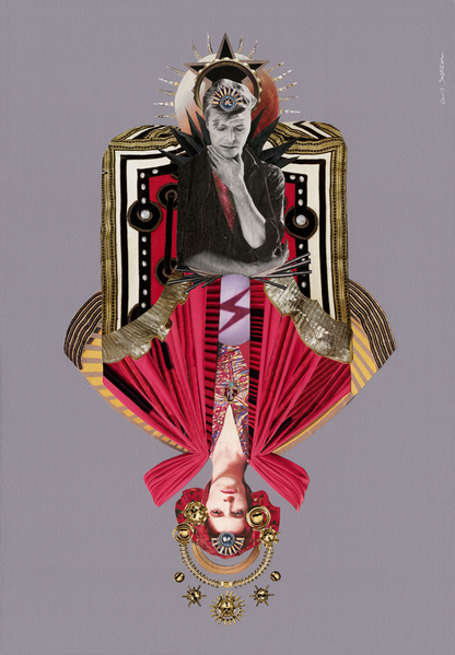 Artistic depiction of David Bowie in elaborate clothing with red fabric and gold accents on a gray background