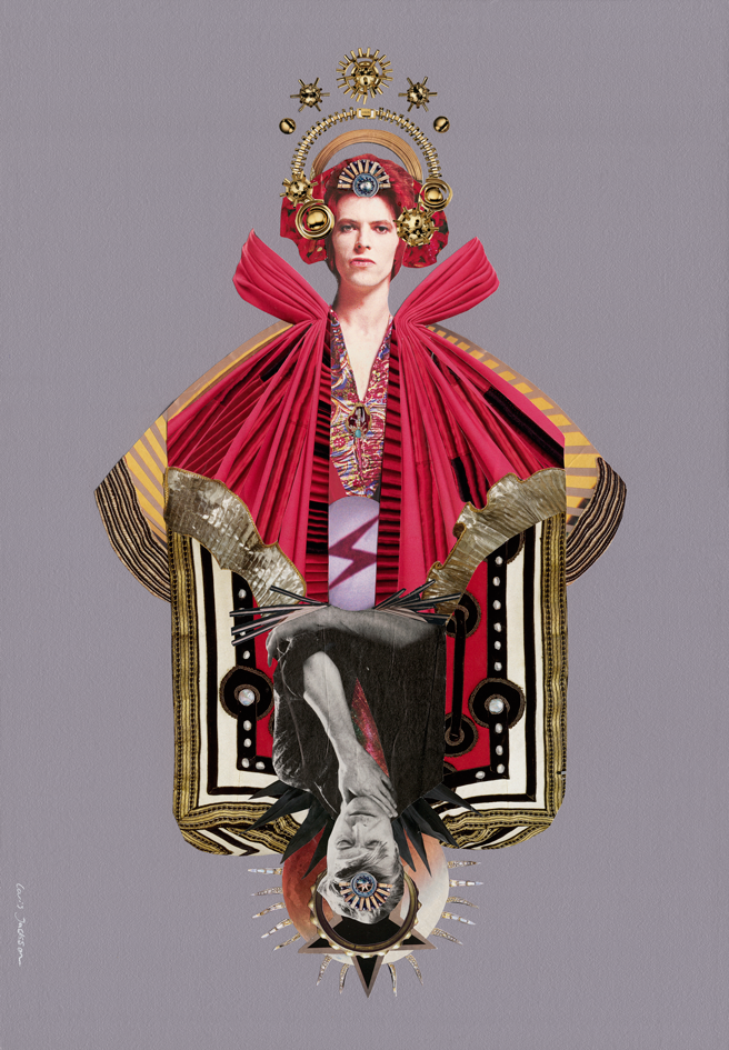 Artistic depiction of David Bowie in elaborate clothing with red fabric and gold accents on a gray background