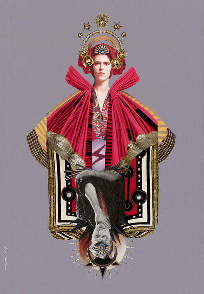 Artistic depiction of David Bowie in elaborate clothing with red fabric and gold accents on a gray background