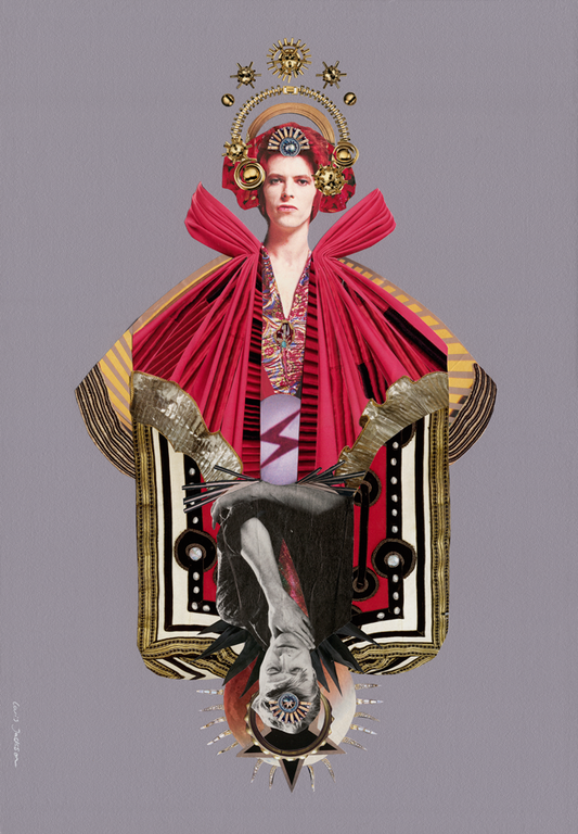 Artistic depiction of David Bowie in elaborate clothing with red fabric and gold accents on a gray background