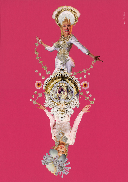 Collage of Dolly Parton with intricate clothing and accessories on a pink background