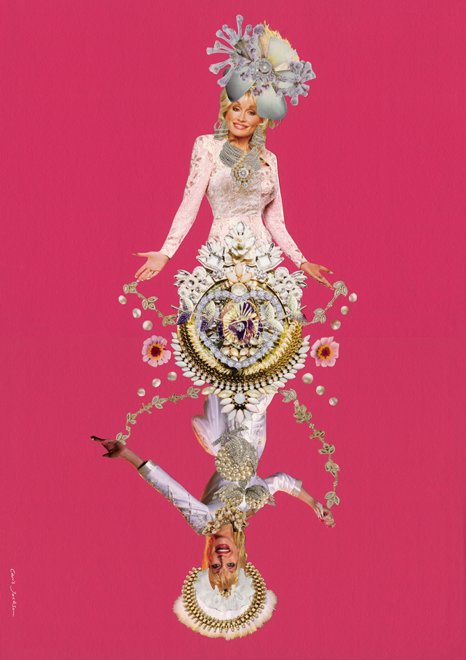 Collage of Dolly Parton with intricate clothing and accessories on a pink background