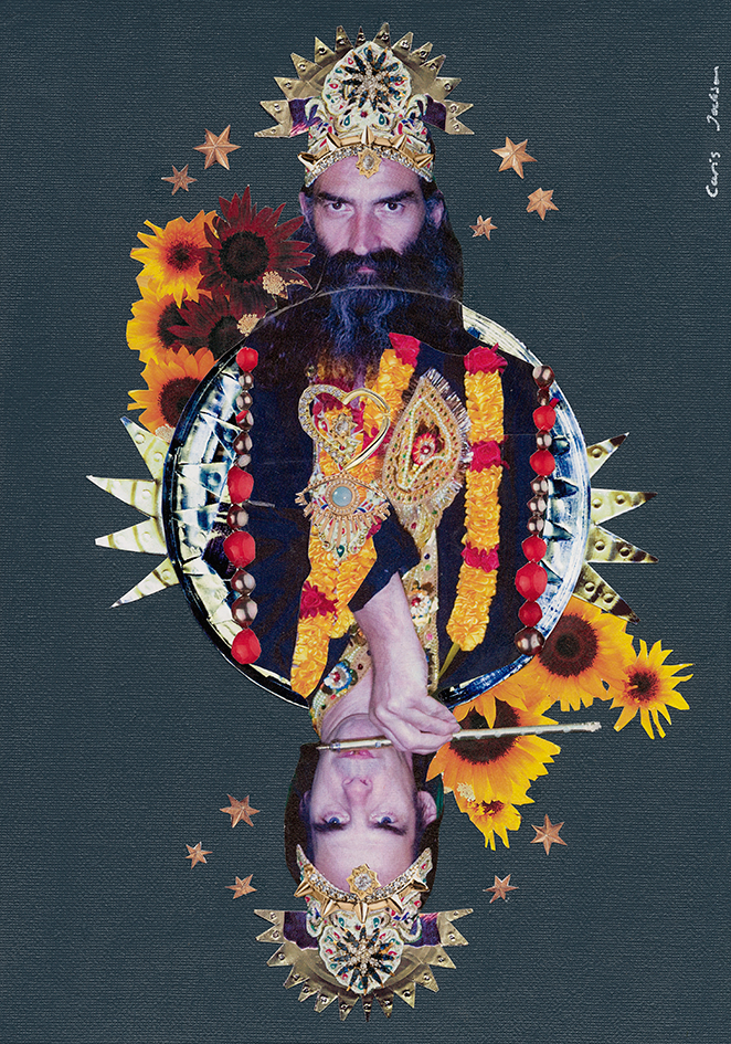 A colorful limited edition giclee art print featuring a double portrait of Nick Cave and Warren Ellis dressed in elaborate, theatrical costumes with floral and celestial motifs.