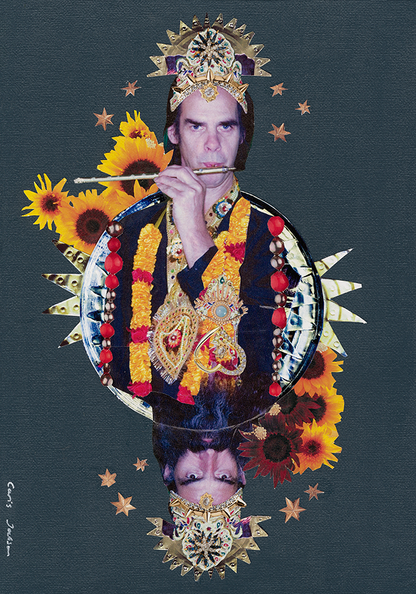 A colorful limited edition giclee art print featuring a double portrait of Nick Cave and Warren Ellis dressed in elaborate, theatrical costumes with floral and celestial motifs.