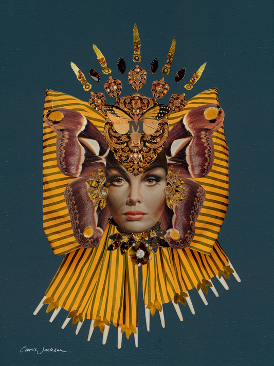 Artistic depiction of a face with elaborate headpiece and decorative elements on a dark blue background