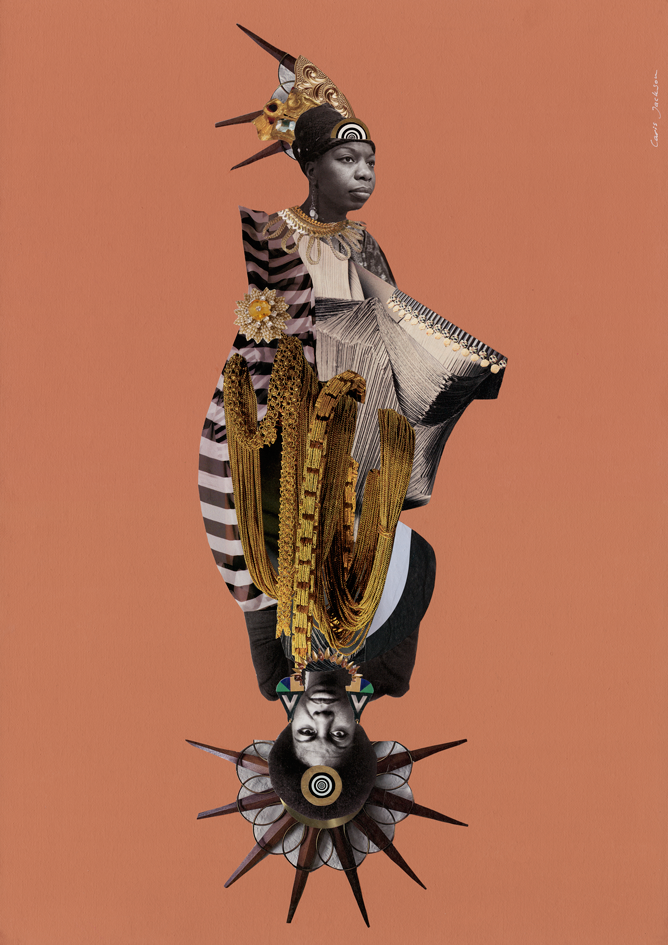 Collaged portrait of Nina Simone in elaborate patterned attire on a rust coloured background