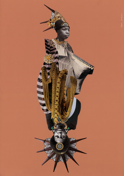 Collaged portrait of Nina Simone in elaborate patterned attire on a rust coloured background