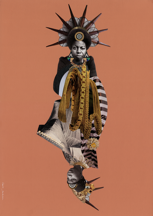 Collaged portrait of Nina Simone in elaborate patterned attire on a rust coloured background