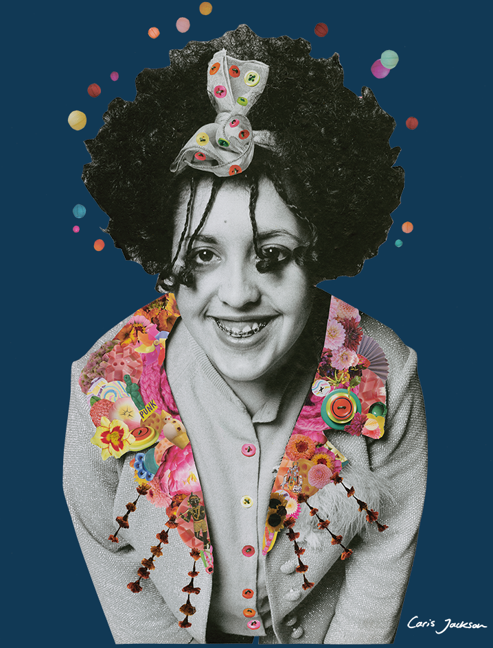 Collage design of Poly Styrene with a colorful bow and floral patterns on a dark blue background